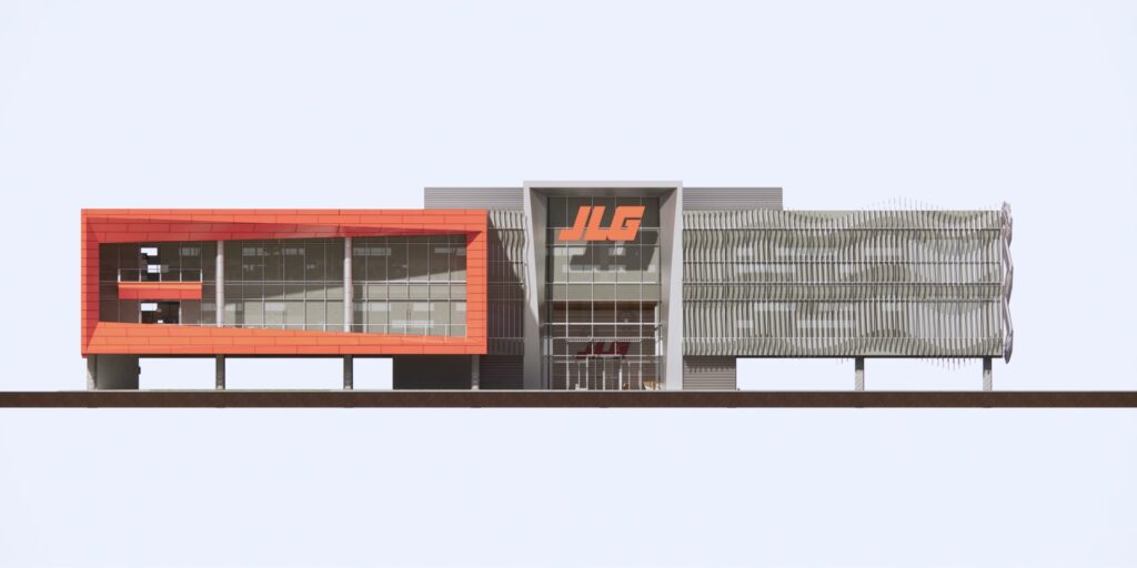 A front distant view of the orange and gray office with the company logo on the front of the building