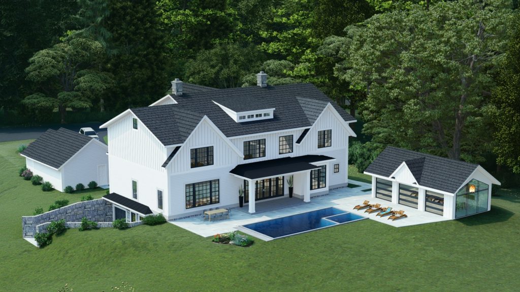 Backside of a white and black house with a pool and shed