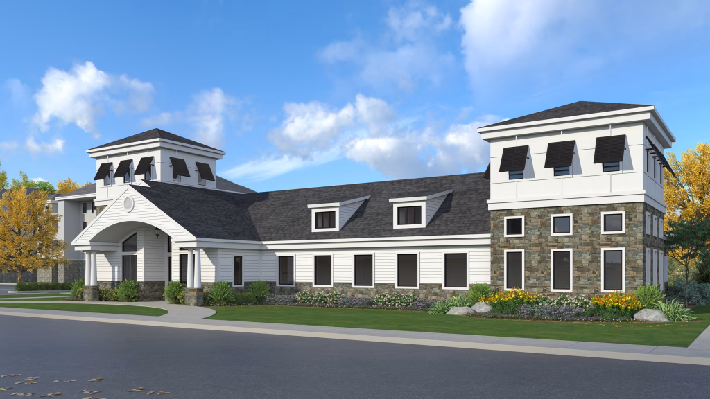 Modern commercial clubhouse exterior featuring white siding and stone accents in Milford, DE,
