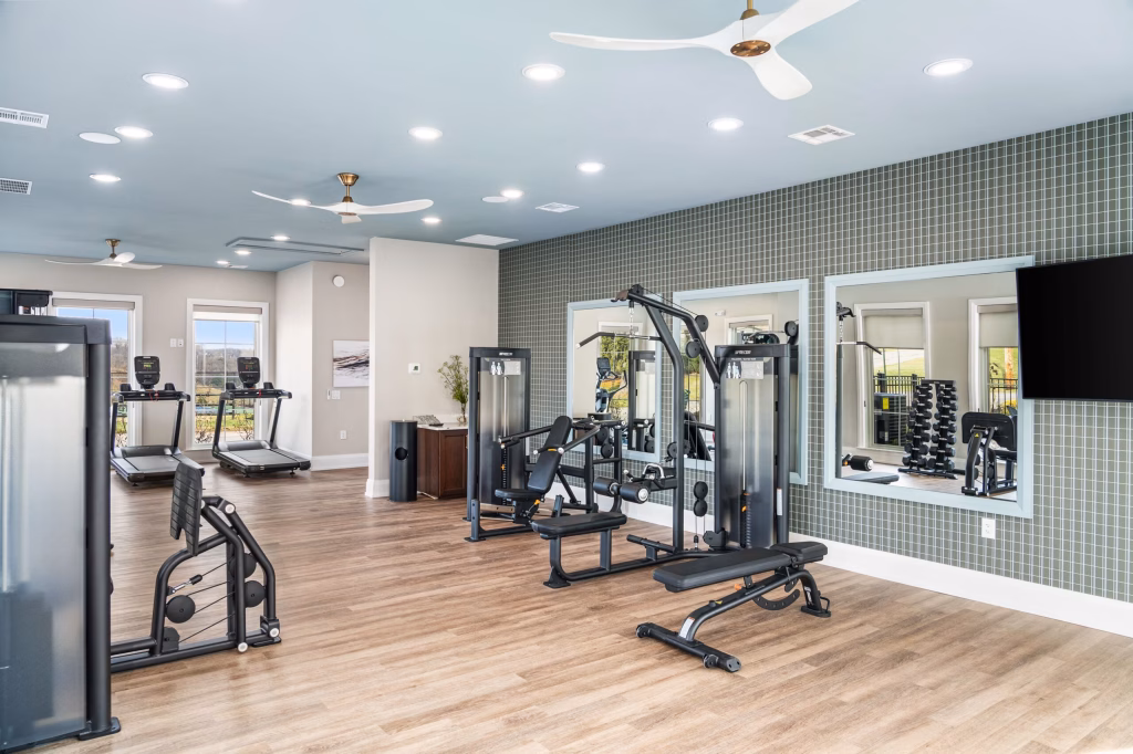 Modern commercial gym design with cardio equipment, a rowing machine, and natural light by Wade Architecture.