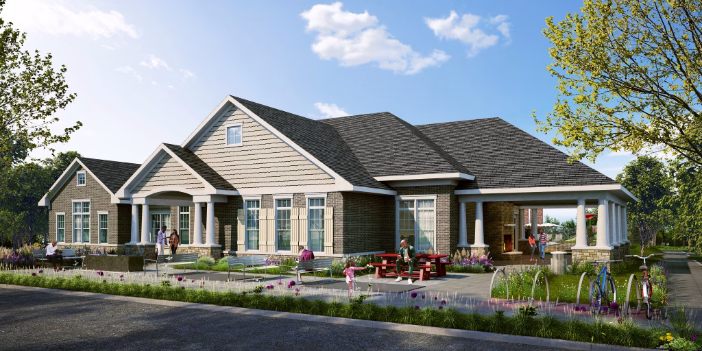 Traditional Westphalia Clubhouse perspective rendering with white columns and brick accents by Wade Architecture.