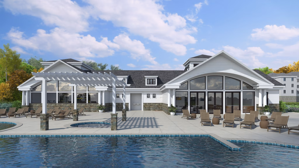 Modern commercial clubhouse exterior design with a swimming pool and hot tub at Windward Clubhouse