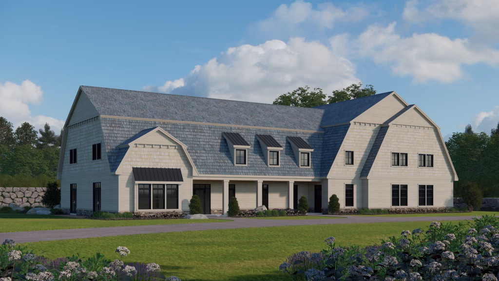 Traditional commercial clubhouse exterior with stone masonry, a covered entrance, and light siding at Towerhill Clubhouse