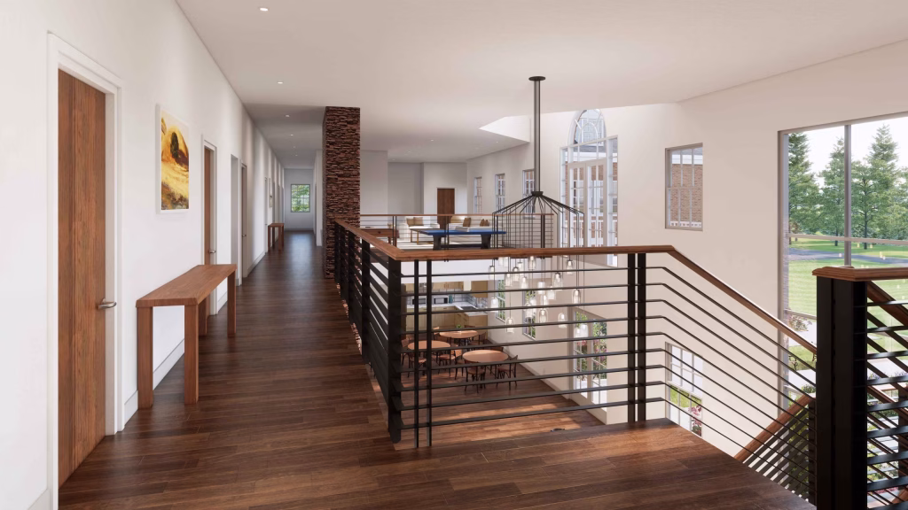 Interior architectural rendering of a modern, multi-level space showing a hardwood mezzanine with a metal railing overlooking a lower-level dining area.