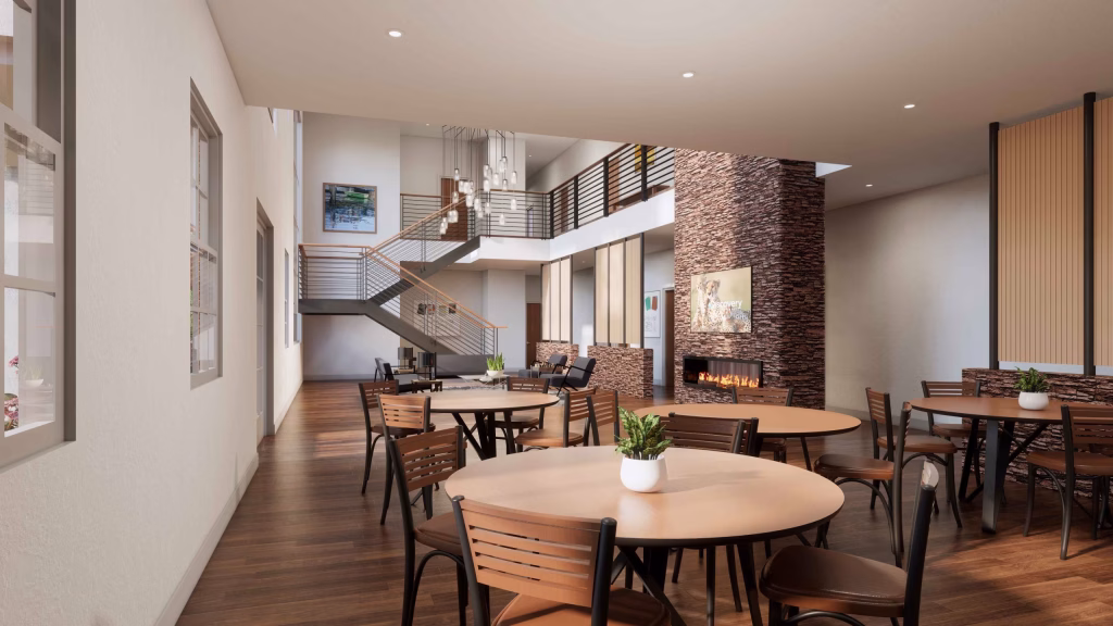 Modern clubhouse interior design rendering featuring an open-concept mezzanine, open staircase, recreational lounge area with a ping-pong table, and large atrium windows providing natural light.